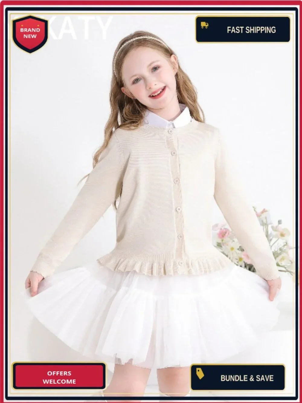 Girls Ruffle Long Sleeve Knit Cardigan Sweater Button Up